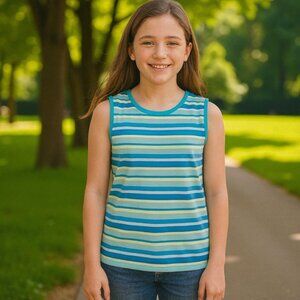 NEW Land’s End Blue and Green Stripe Tank Top Summer Camping Outdoors 10-12y